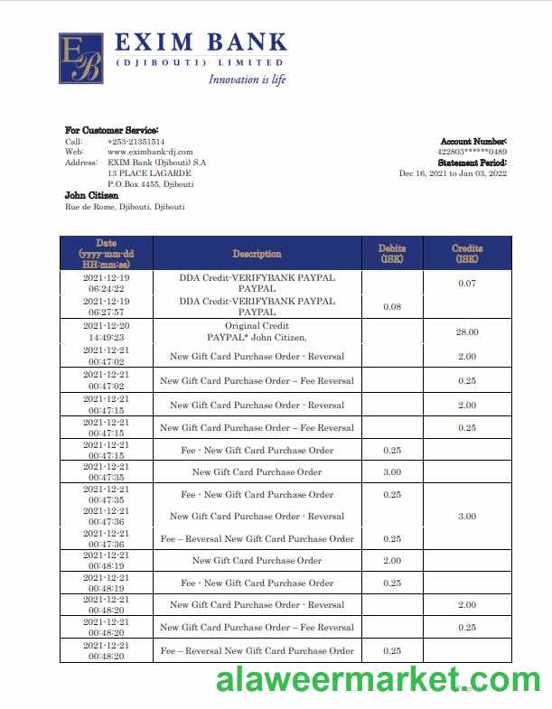 Djibouti Exim bank statement template in Word and PDF format